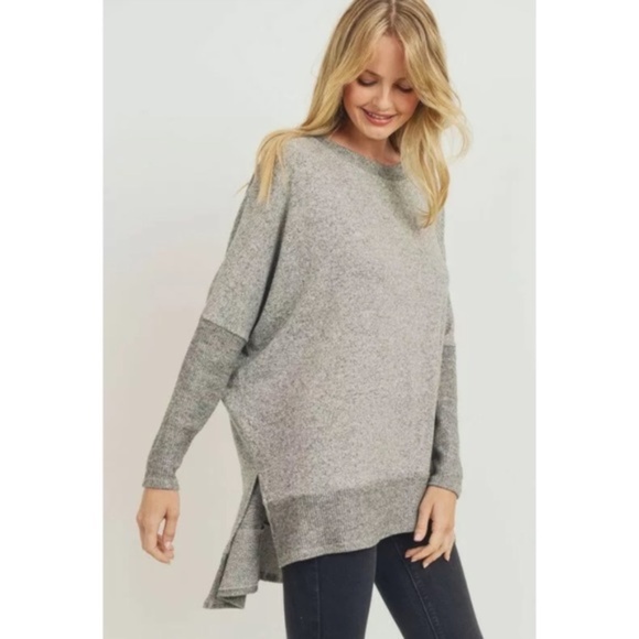 Gray Soft Brushed Knit Hi Lo Tunic Sweater Top - Picture 2 of 6